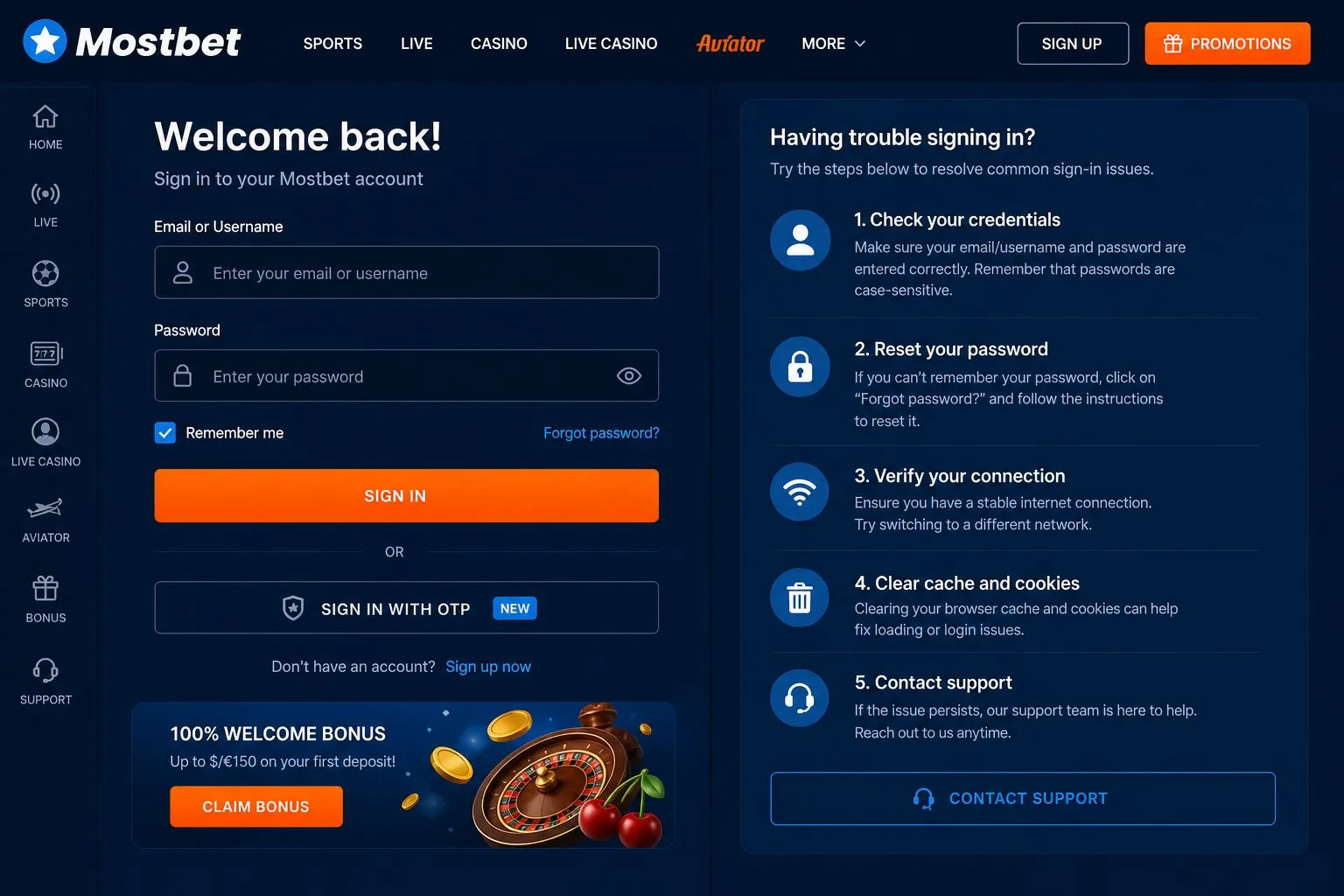 Mostbet login page — account access for casino, sports and Aviator